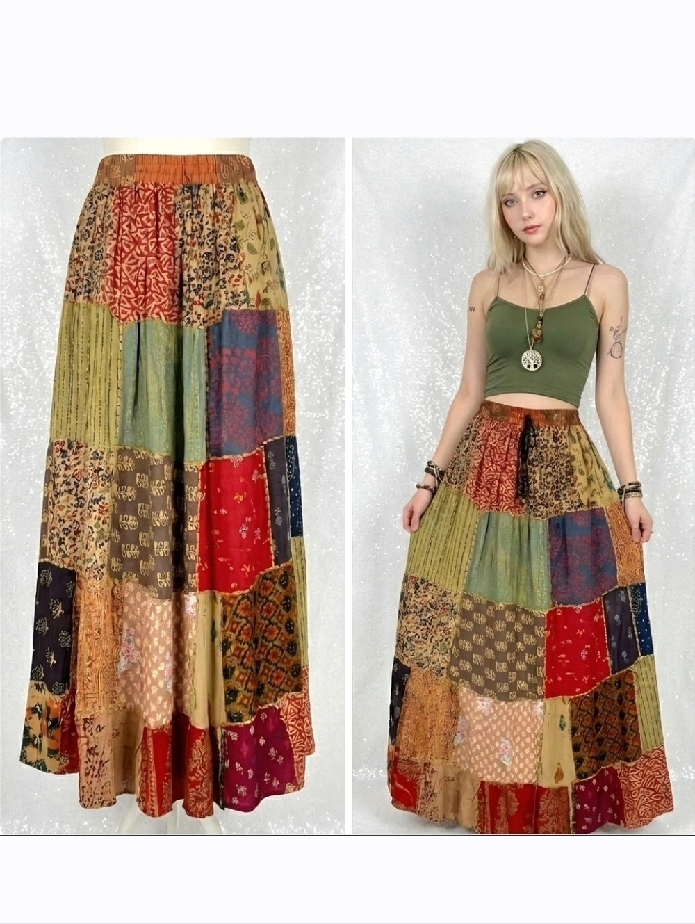 Bohemian Chic Women's Halter Maxi Skirt Vintage Plaid Patchwork Floral Design
